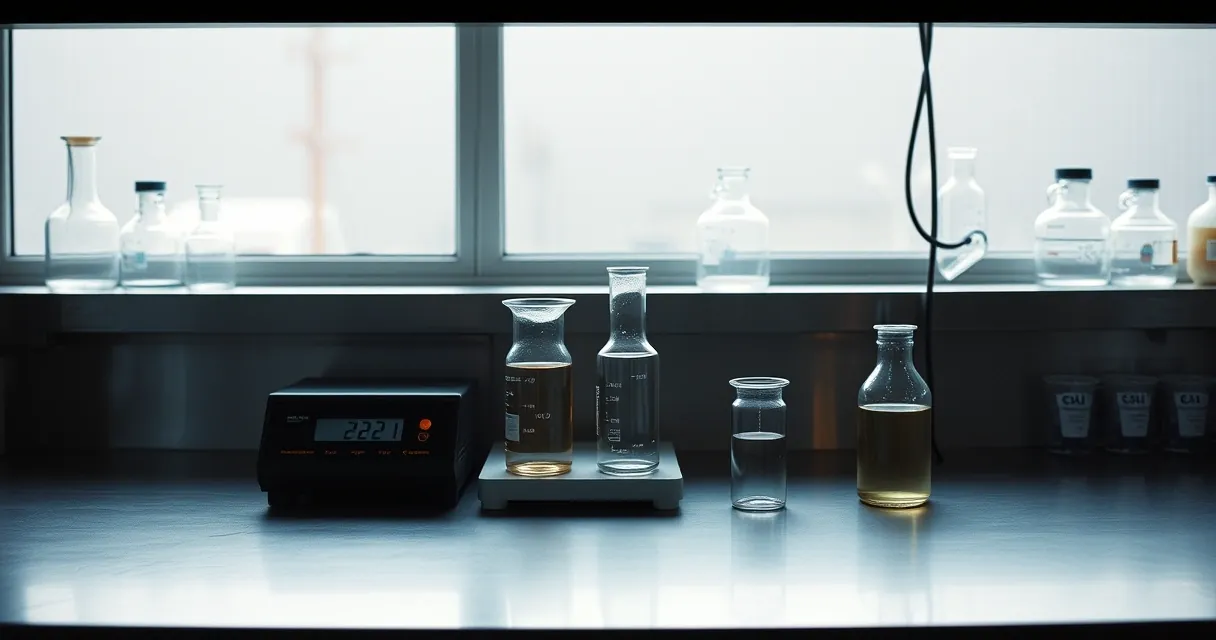 Bancada de laboratório em aço inoxidável com vidraria limpa e balança digital
