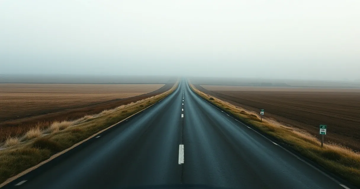 Estrada de pista simples cortando campo plano ao amanhecer, com neblina baixa