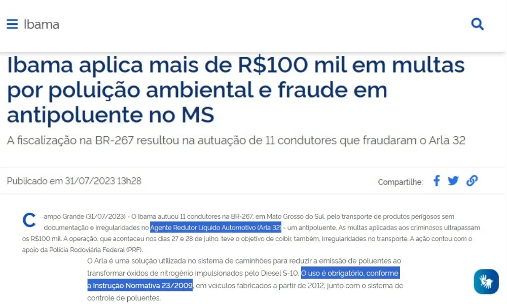 Fiscalização do Ibama na BR-267 que autuou condutores por fraude no uso de Arla 32