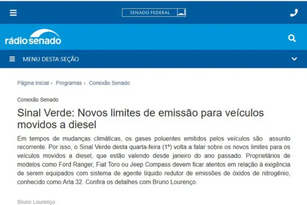 Matéria da Rádio Senado sobre os novos limites de emissão para veículos a diesel