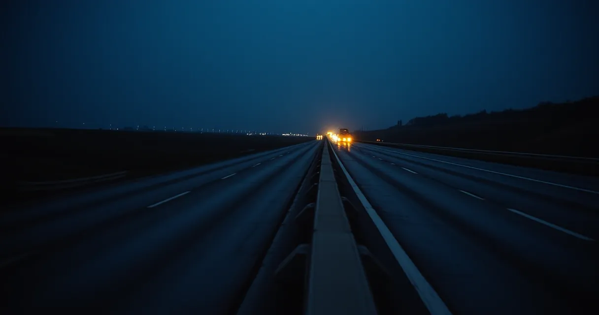 Rodovia reta à noite com luzes distantes de veículos no horizonte
