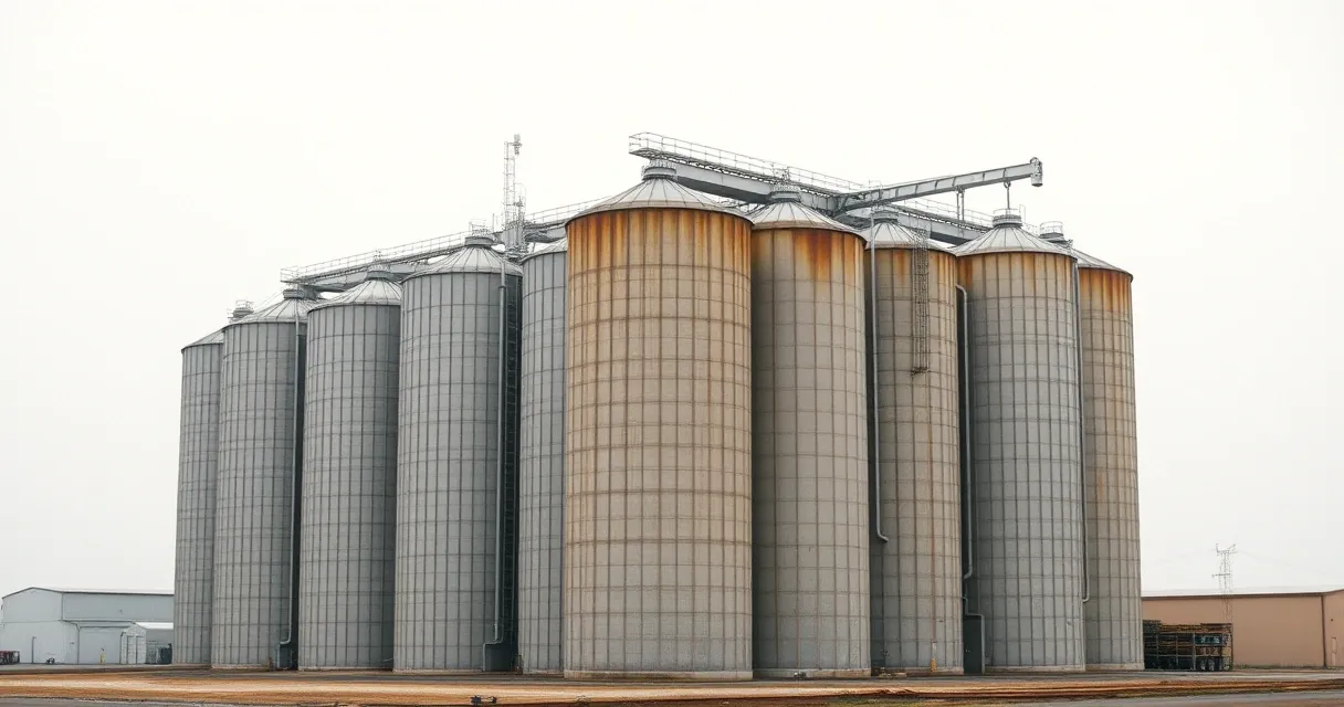 Silos metálicos industriais sob céu claro, vistos de baixo