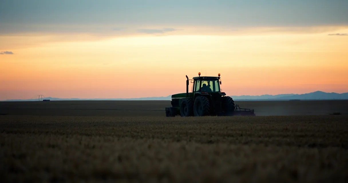 Trator trabalhando em lavoura ao entardecer, maquinario a diesel que consome Arla 32