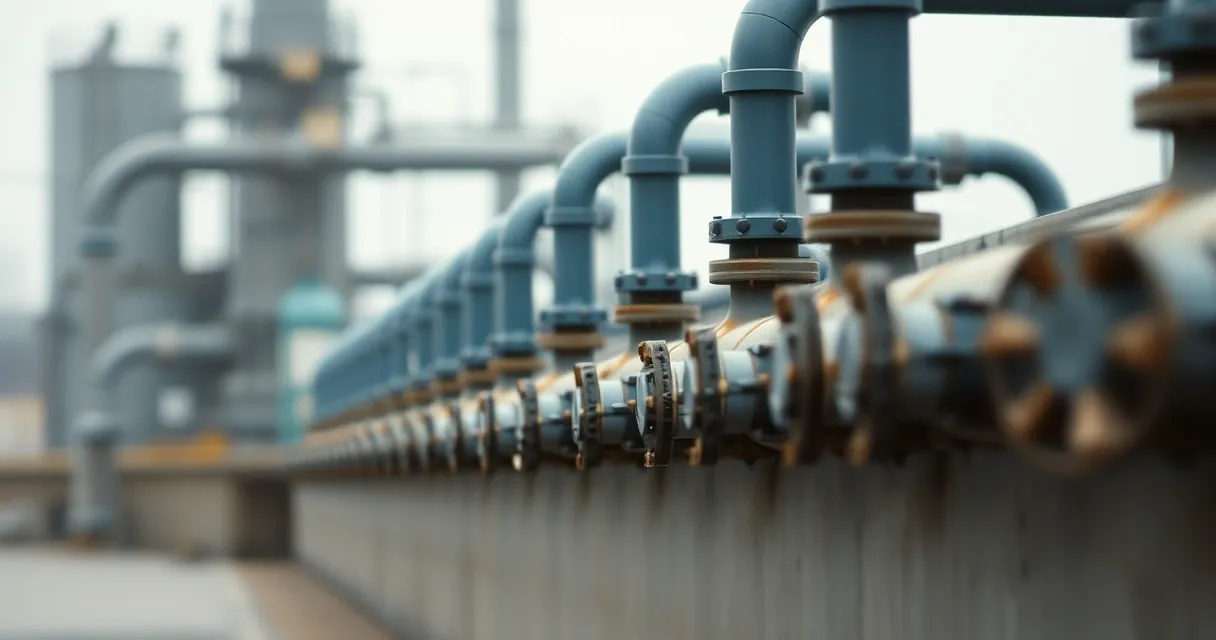 Tubulação e válvulas industriais alinhadas em plataforma externa
